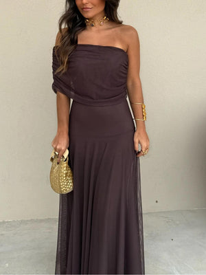 Women's Off-Shoulder Mesh Maxi Dress with Flowy Elegant Silhouette
