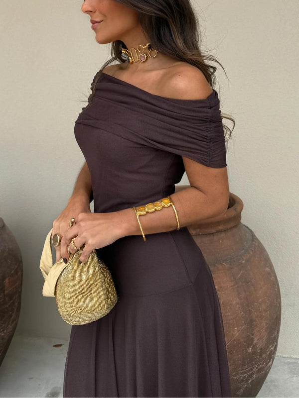 Women's Off-Shoulder Mesh Maxi Dress with Flowy Elegant Silhouette