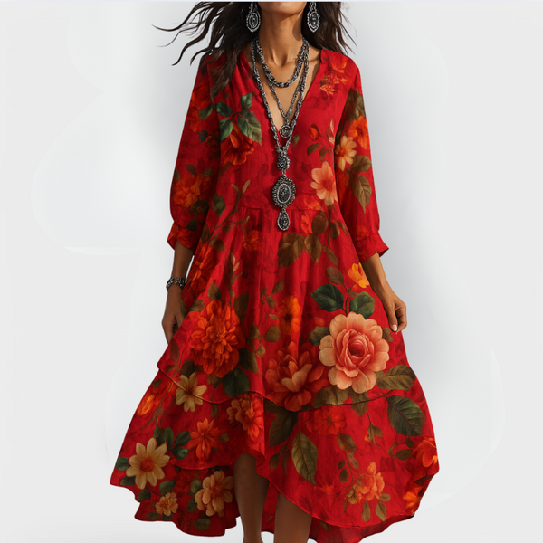 Women’s Boho Floral Flowing V-Neck Maxi Dress