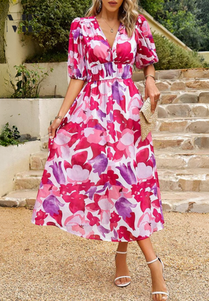Chic Floral Midi Dress with Romantic Puff Sleeves