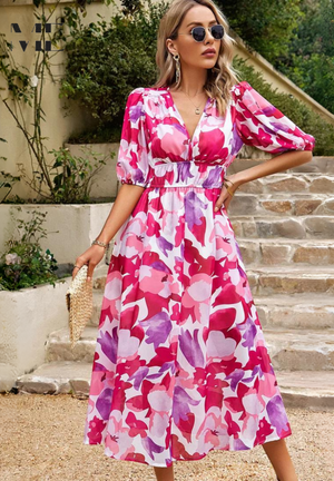 Chic Floral Midi Dress with Romantic Puff Sleeves