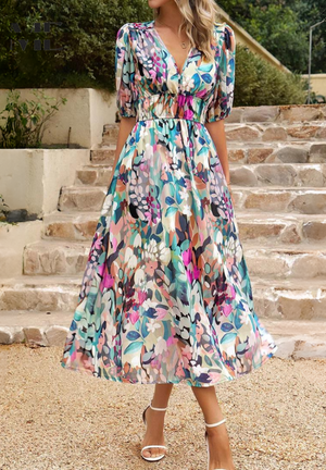 Chic Floral Midi Dress with Romantic Puff Sleeves