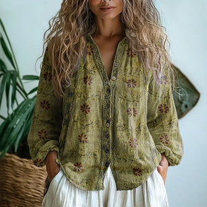 Women's Vintage Floral Print Blouse with V-Neckline Bohemian Fit