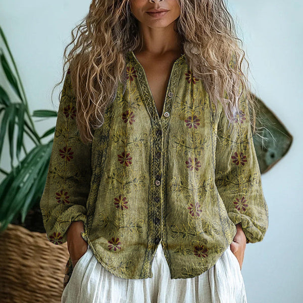 Women's Vintage Floral Print Blouse with V-Neckline Bohemian Fit