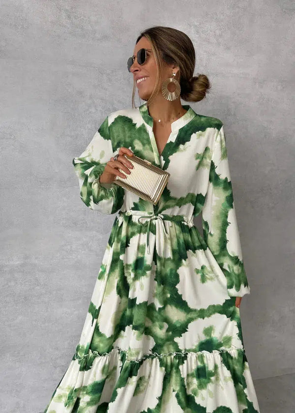 Elegant Long Sleeve Maxi Dress - Flowy V-Neck Design