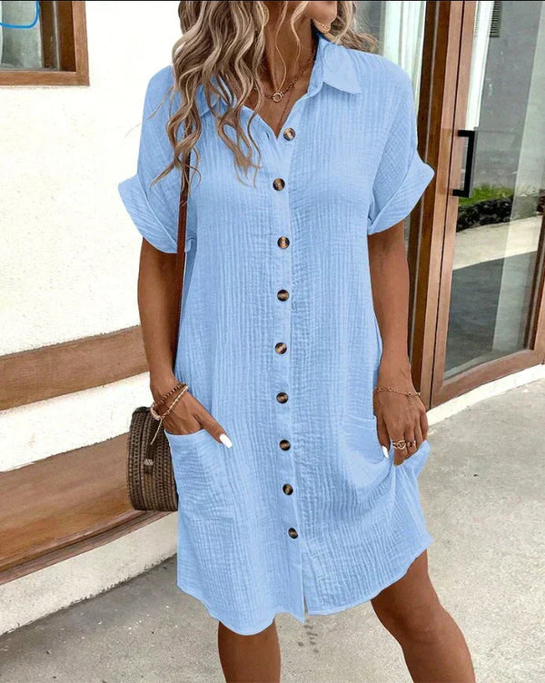 Women’s Button-Front Casual Shirt Dress with Roll-Up Sleeves and Pockets