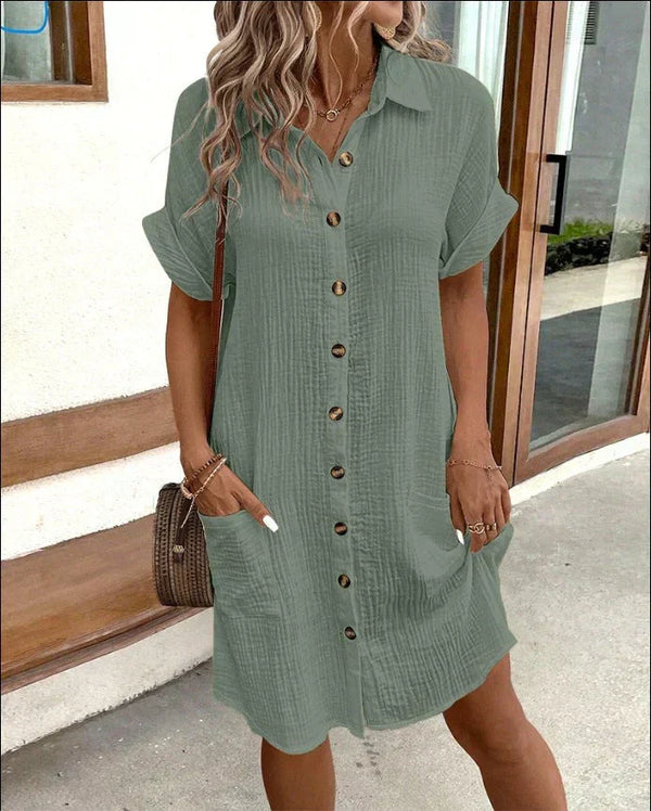 Women’s Button-Front Casual Shirt Dress with Roll-Up Sleeves and Pockets