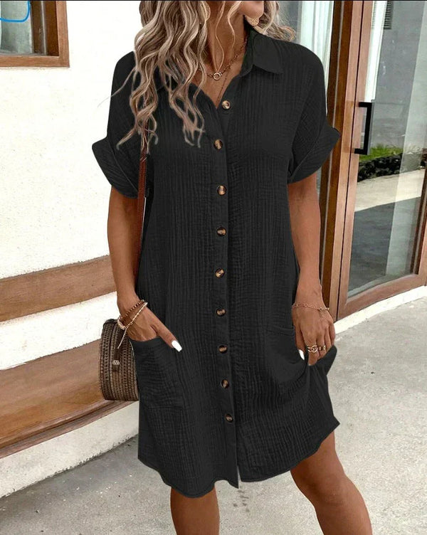 Women’s Button-Front Casual Shirt Dress with Roll-Up Sleeves and Pockets