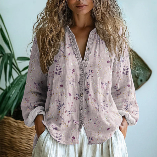 Women’s Vintage Botanical Print Blouse with Embroidered Trim