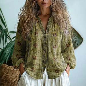Women’s Vintage Botanical Print Blouse with Embroidered Trim