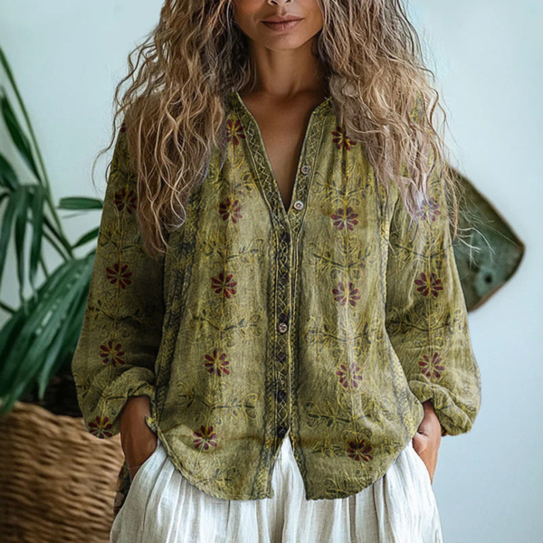 Women’s Vintage Botanical Print Blouse with Embroidered Trim