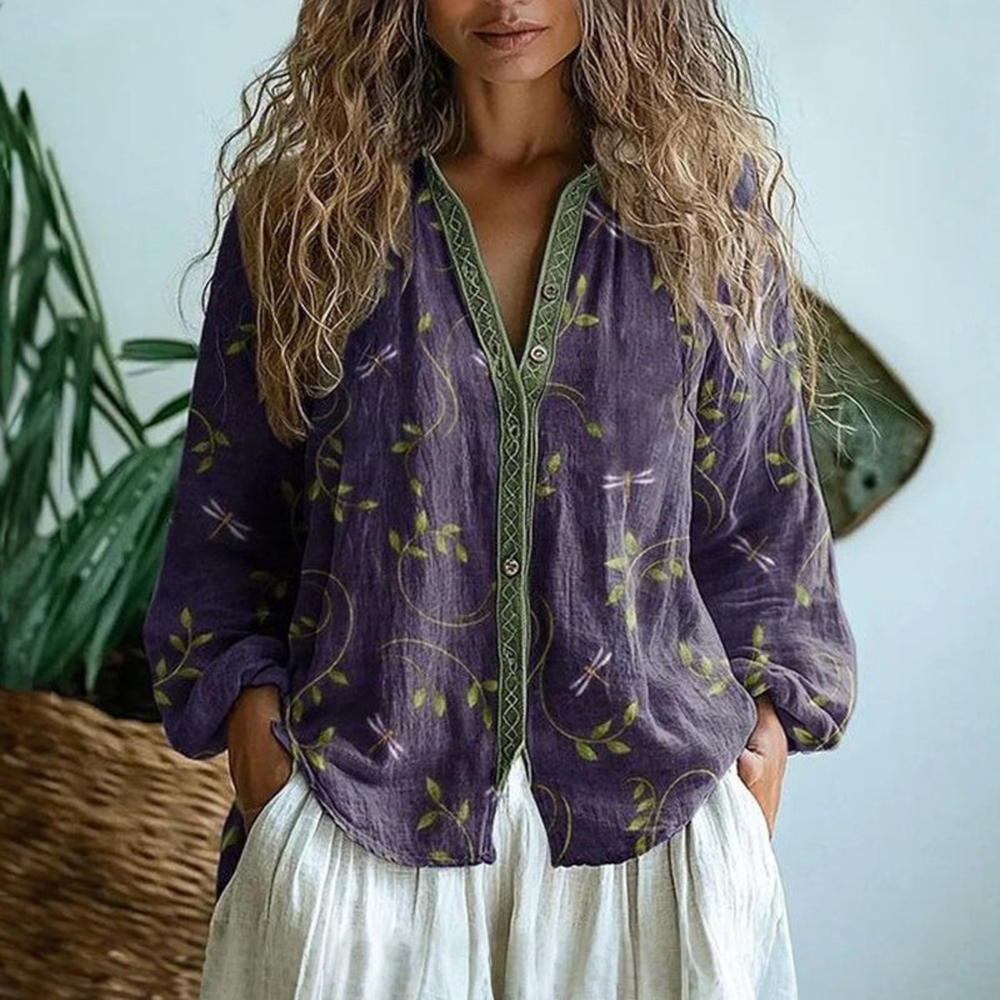 Women’s Vintage Botanical Print Blouse with Embroidered Trim