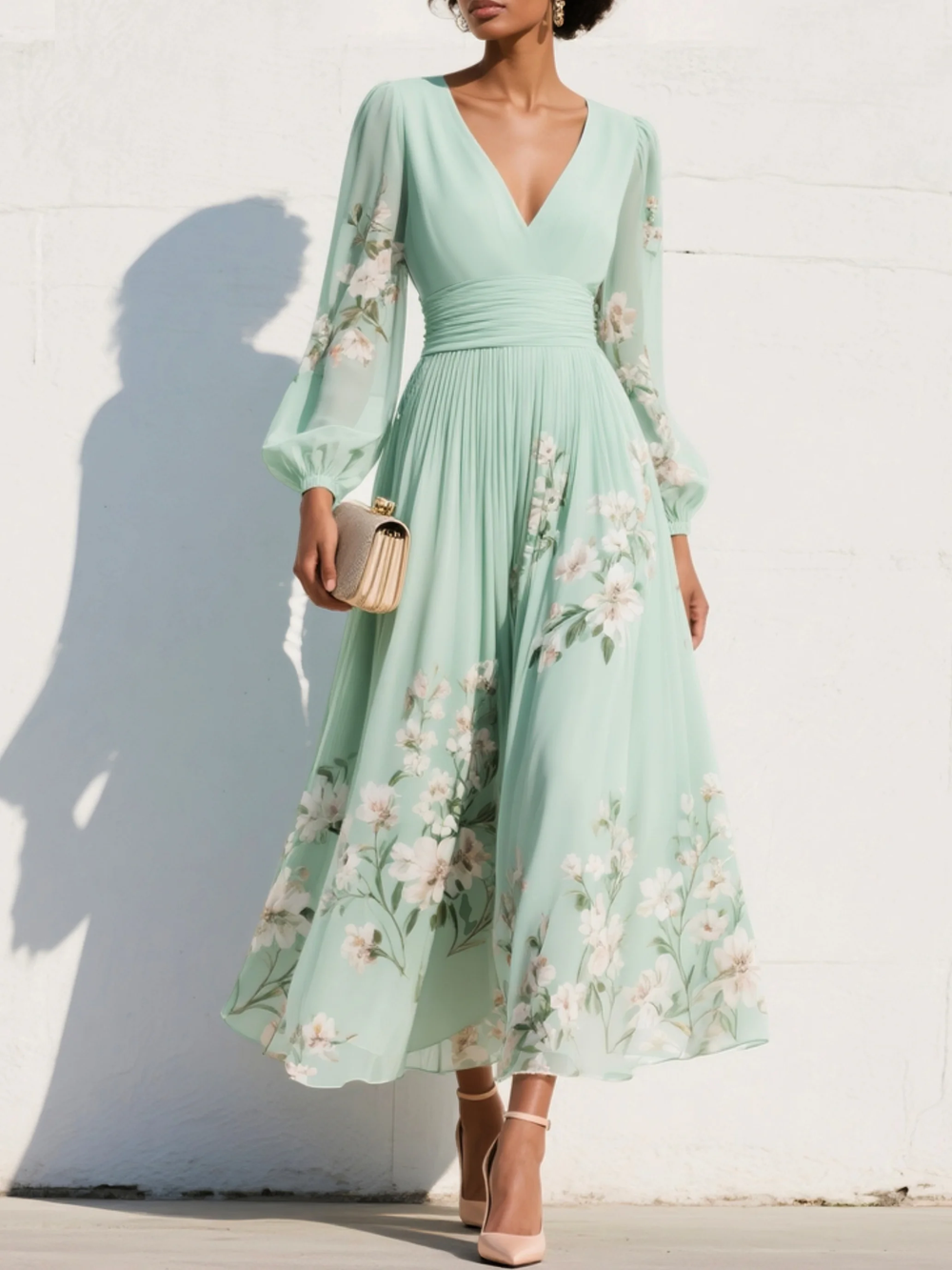Vestido midi bordado con flores, escote en V y mangas largas transparentes para mujer