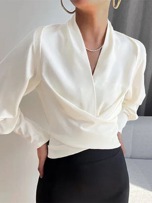 Elegant V-neck Women's Blouses with Puff Sleeves