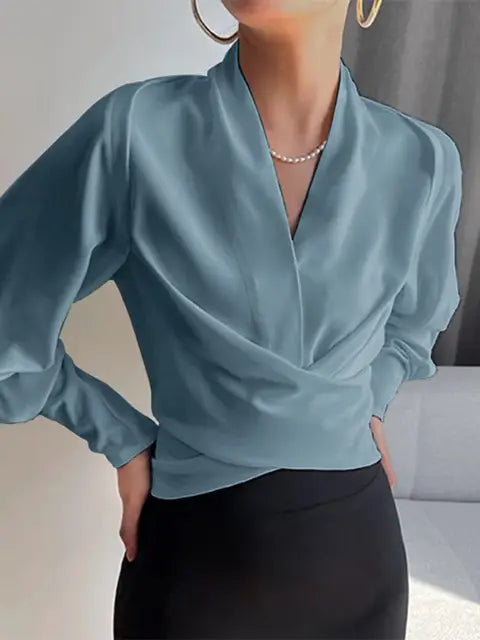 Elegant V-neck Women's Blouses with Puff Sleeves
