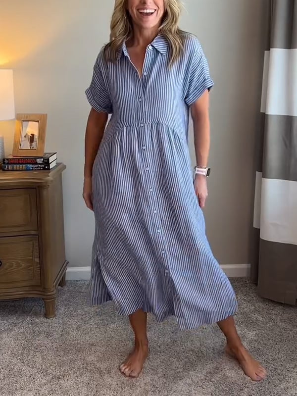 Women's Striped Button-Front Midi Dress with Relaxed Fit