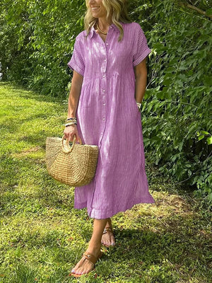 Women's Striped Button-Front Midi Dress with Relaxed Fit