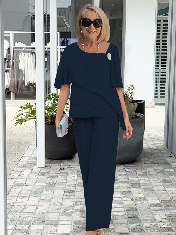 Women's Chic Layered Tunic Top and Wide-Leg Pants Coordinated Set