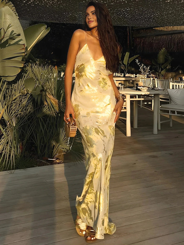 Women's Satin Floral Print Maxi Dress