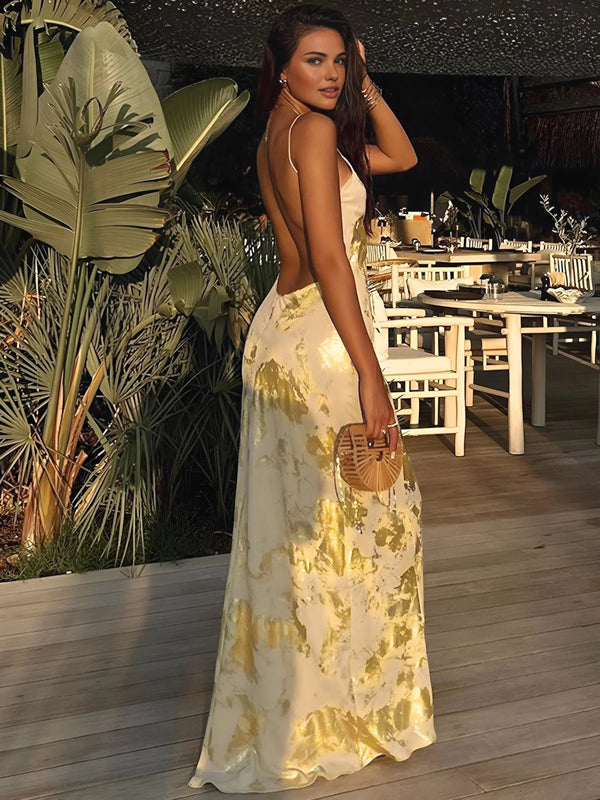 Women's Satin Floral Print Maxi Dress