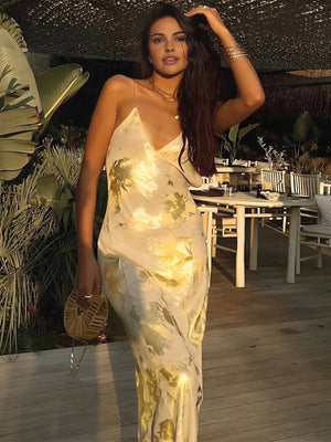 Women's Satin Floral Print Maxi Dress