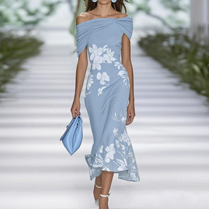 Elegant Floral Midi Dress – Off Shoulder – Fitted Waist – Breathable Fabric