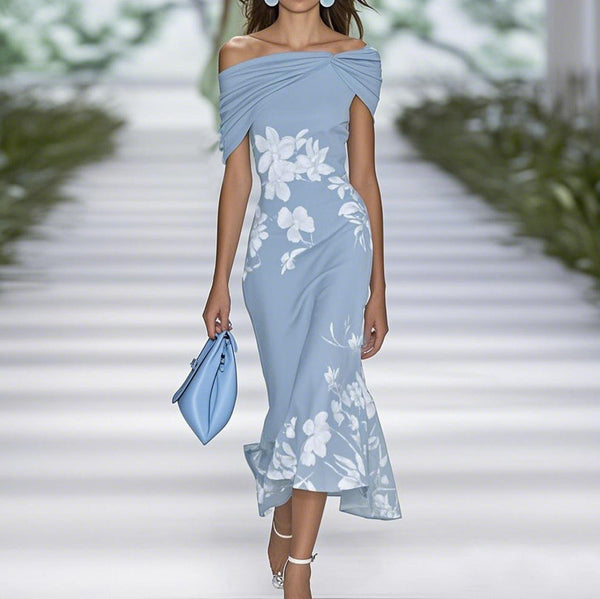 Elegant Floral Midi Dress – Off Shoulder – Fitted Waist – Breathable Fabric