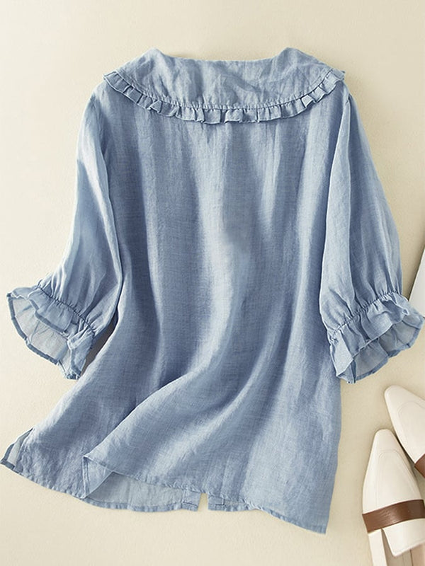 Lightweight Loose-Fit Women's Cotton Linen Shirt with Ruffled Peter Pan Collar