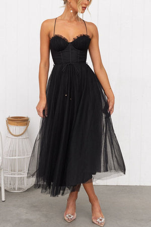 Elegant Summer Midi Dress with Tulle Skirt and Spaghetti Straps