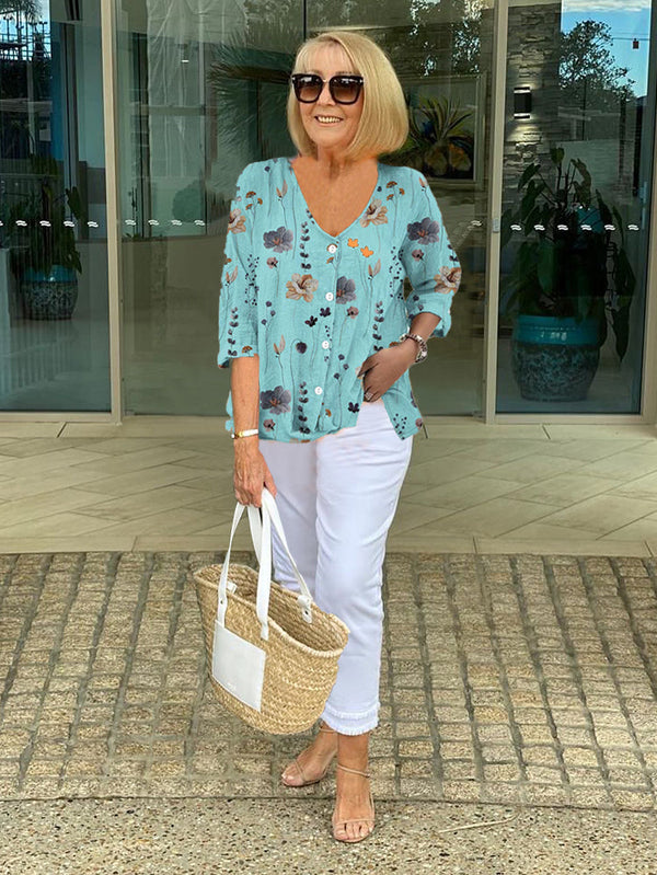 Women's Floral Print V-Neck Blouse with 3/4 Sleeves