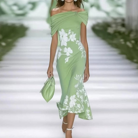 Elegant Floral Midi Dress – Off Shoulder – Fitted Waist – Breathable Fabric