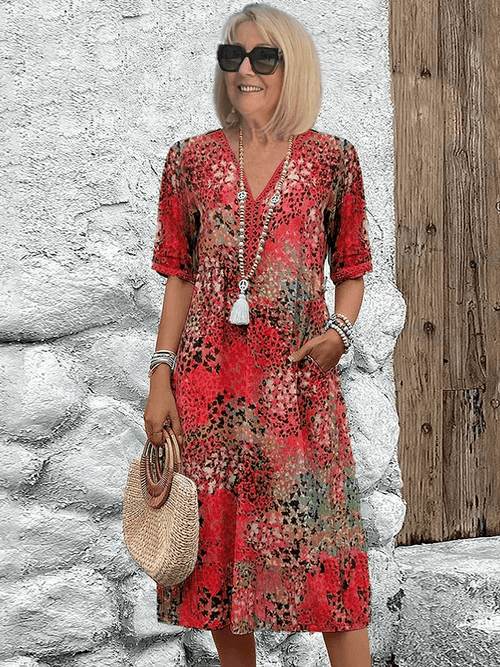 Women's Printed V-Neck Midi Dress with Relaxed Flowy Silhouette