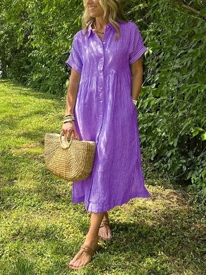 Women's Striped Button-Front Midi Dress with Relaxed Fit