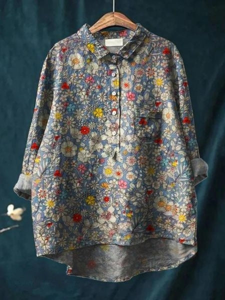 Women's Watercolor Bloom Button-Up Blouse