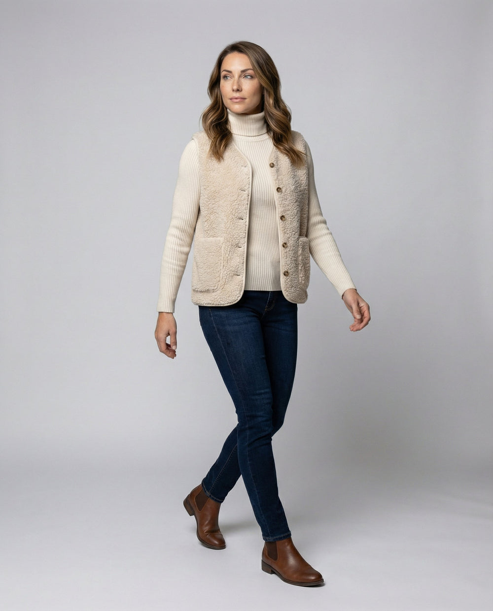 Women's Cosy Teddy Fleece Button-Front Vest with Front Pocket