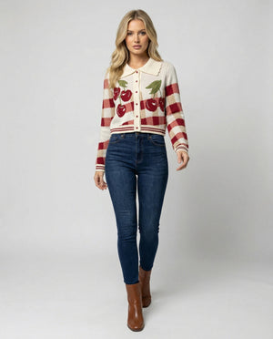 Women's Cherry Print Button-Front Cropped Cardigan