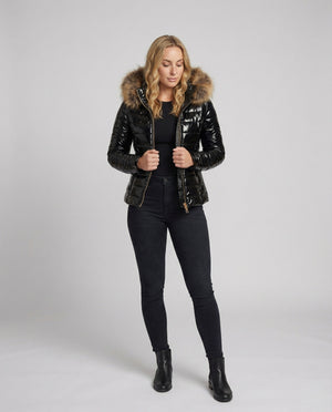 Women's Hooded Puffer Jacket with Faux Fur Trim