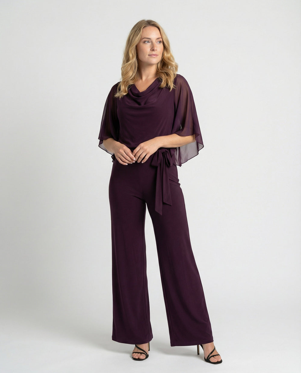 Women's Elegant Draped Neck Jumpsuit with Chiffon Cape Sleeves