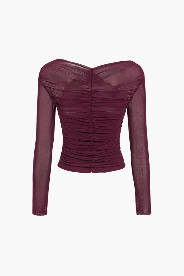 Ruched Mesh Cross Wrap Top for Women