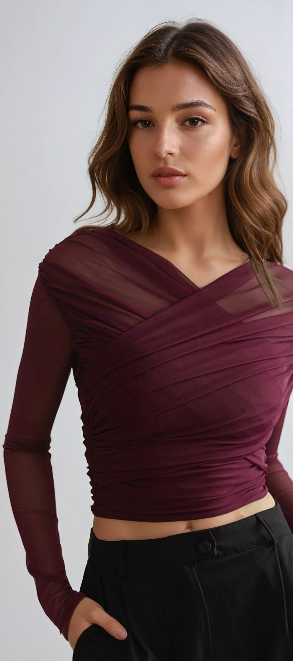 Ruched Mesh Cross Wrap Top for Women