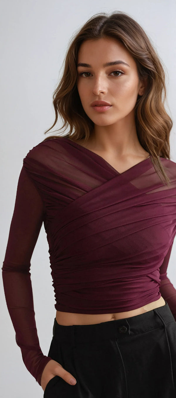 Ruched Mesh Cross Wrap Top for Women