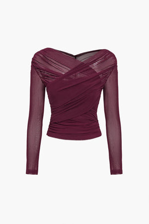 Ruched Mesh Cross Wrap Top for Women