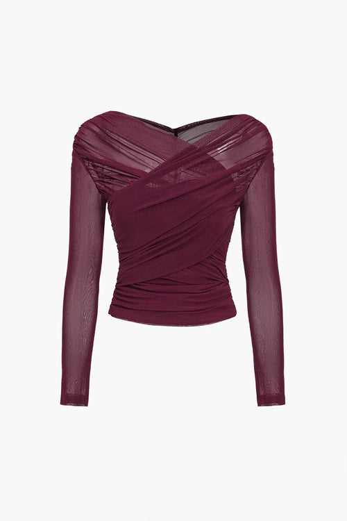 Ruched Mesh Cross Wrap Top for Women