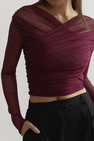 Ruched Mesh Cross Wrap Top for Women
