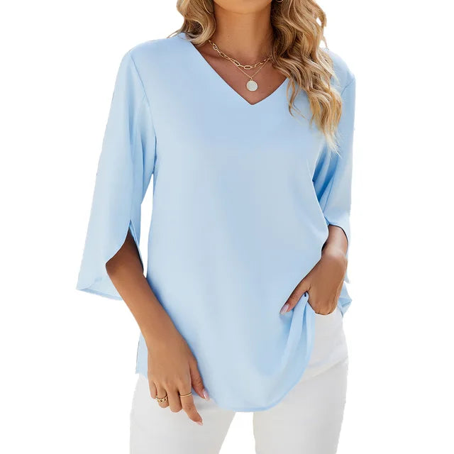 Stylish Summer Blouse for Women with 3/4 Sleeves and V-Neck
