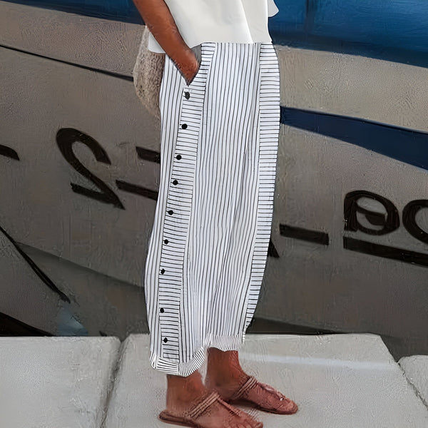 Women’s Striped Button Detail Wide Leg Pants
