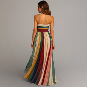 Women’s Strapless Pleated Boho Rainbow Maxi Dress