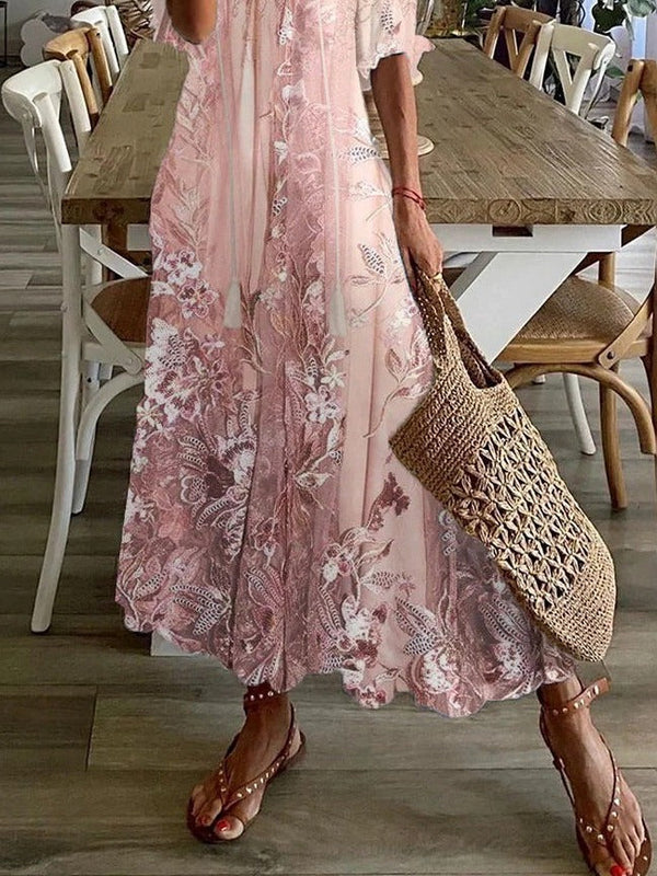 Women's Floral Maxi Dress with Half Sleeves