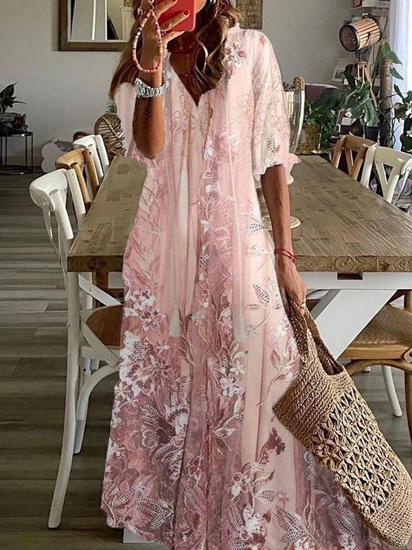 Women's Floral Maxi Dress with Half Sleeves