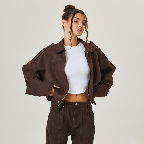 Women's Cropped Suede-Style Bomber Jacket